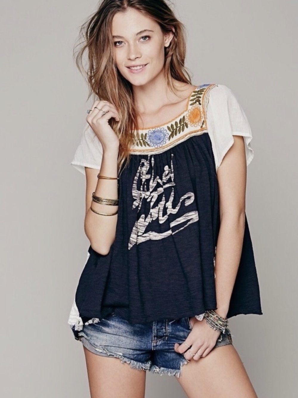 Free People Navy and Cream Embroidered Flutter Sleeve Crop Top